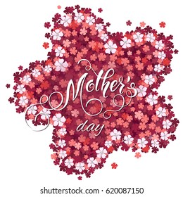 Mothers Day greeting card with lettering. Blossom tree background, spring holidays. Vector Illustration EPS10