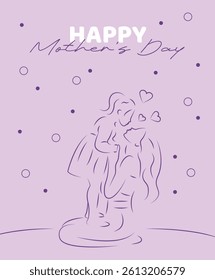Mother's day greeting card. Little child leans over to the mom to hug. Vector illustration in simple minimal linear style.Template for print, websites.