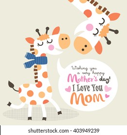 Mother's day greeting card with little giraffe and mother