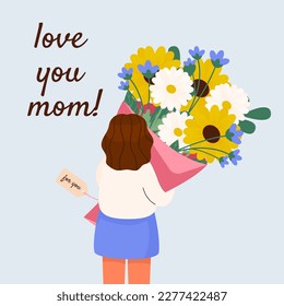 Tarjeta de saludo del día de la madre con la letra de tu madre. Un niño con ramo de flores en primavera va a felicitar a su madre. Postal de vacaciones de mamá. Ilustración vectorial plana