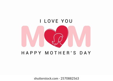 Mother's day greeting card with love. Vector banner with girl in red paper heart. Symbols of love on white background