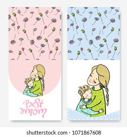 Mother's day greeting card. Mom hugging child. Calligraphy phrase Best mom. Linear illustration. Floral pattern