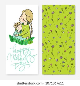 Mother's day greeting card. Mom hugging child. Calligraphy phrase Happy mothers day. Linear illustration. Floral pattern