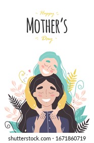 Mothers day greeting card. Mom and girl are smiling and hugging. Family holiday and togetherness. Vector eps 10