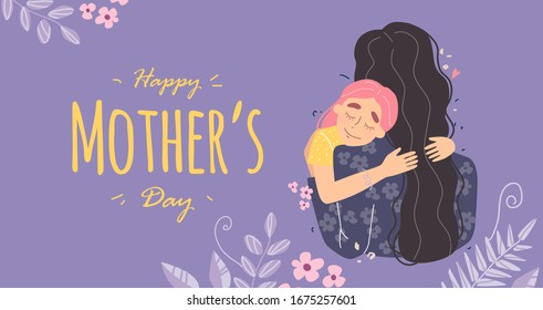 Mothers Day Greeting Card. Mom And Girl Are Smiling And Hugging. Family Holiday And Togetherness. Vector Eps 10