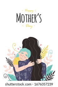 Mothers day greeting card. Mom and girl are smiling and hugging. Family holiday and togetherness. Vector eps 10