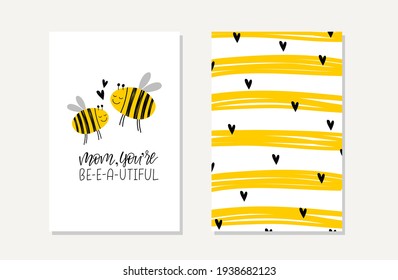 Mother's Day greeting card, greeting card for mom, flowers, hearts, bright stripes, spots and lettering, perfect for decor or poster
