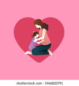 Mother's day greeting card. Mom hug daughter In arms. Heart and pink color background.