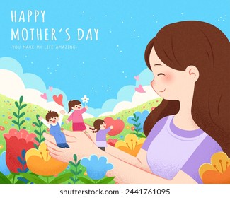 Mothers day greeting card. Mom has miniature children in her palm at beautiful garden.