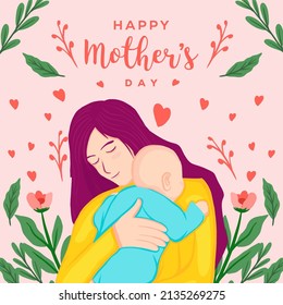 mother's day greeting card with mother hugging baby and floral