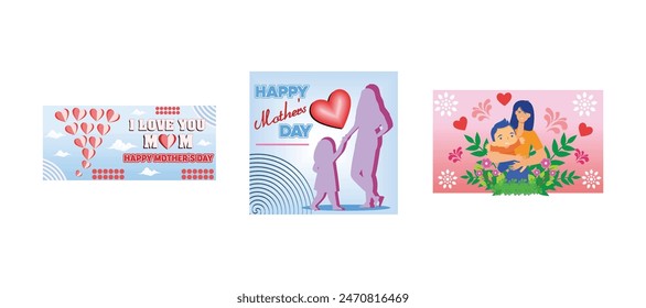 Mother's day greeting card. A mother holds her daughter's hand. Happy Mothers Day Greeting Card. Set flat vector modern illustration 