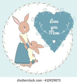 Mother's day greeting card with mother bunny and her bunny baby