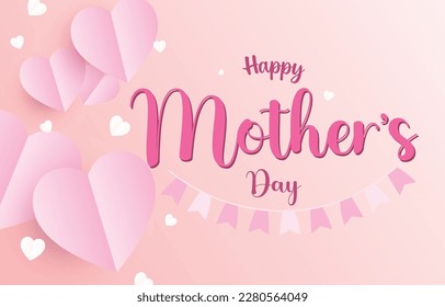 Mother's Day greeting card. mum banner vector with 3d flying hearts pink papercut and festival flag. symbol of love and handwritten letters on pink background.