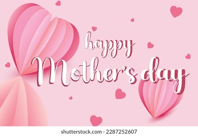 Mother's Day greeting card. mum banner vector with 3d flying hearts pink papercut. symbol of love and handwritten letters on pink background.