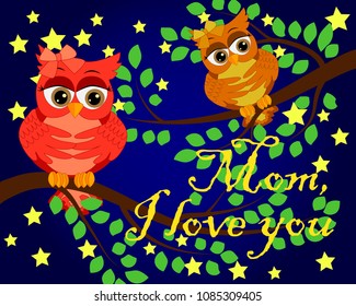 Mother's Day greeting card. The owl mommy and a bird on a twig. Colorful spring flowers