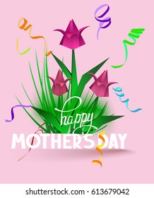 Mother's Day greeting card  with paper tulips and confetti. Vector illustration