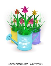Mother's Day greeting card  with paper tulips  in  cans. Vector illustration