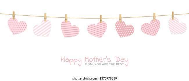 mothers day greeting card with patterned hearts hang on a rope with clothespins vector illustration EPS10