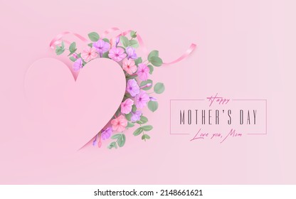 Mothers day greeting card with Phlox flowers, eucalyptus leaves and ribbon under heart shape tag. Vector illustration