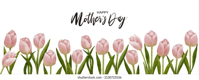 Mother's day greeting card with Pink Tulips watercolour border on white background,Vector illustration horizontal backdrop of cute blooming Spring flora frame,Flat design banner of Beautiful botanical