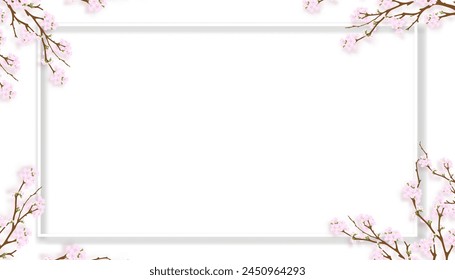 Mother's day greeting card with Pink Cherry blossom flowers border on white background,Vector illustration,Holiday banner horizontal backdrop of blooming sakura spring flora frame 