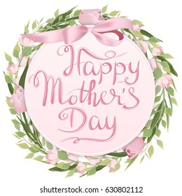 Mother's day greeting card with pink tulips and delicate ribbon.Vector card with hand writting lettering and flowers
