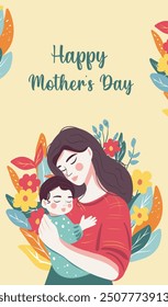 Mother's Day greeting card. Portrait of a mother and child in their arms against a background of flowers. Vector flat bright illustration on a gentle pastel background