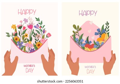 Carte de voeux de Fête des Mères. Carte postale avec enveloppe et fleurs vives. Bonne fête des mères. Les illustrations lumineuses sont adaptées aux bannières, aux affiches, aux cartes. Images vectorielles