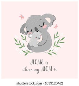 Mother's day greeting card or poster with cute koala mother and baby on pink background.