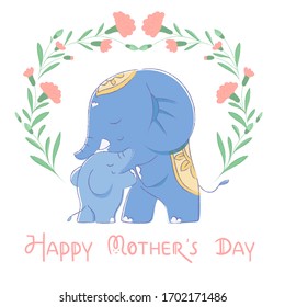 Mother's day greeting card or poster with cute elephant mother and baby. Some carnation wreath around them on white background.