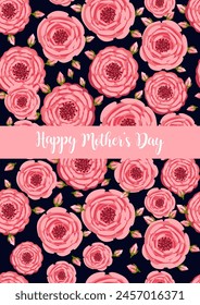 Mother's day greeting card. Seamless pattern with blooming roses. Botanical vector illustration isolated for postcard, poster, ad, decor and other uses. Festive text can be replaced.