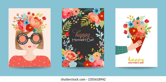 Mothers Day Greeting Card Set. Spring Happy Mother Day Holiday Banner with Flowers and Mom Character with Bouquet for Flyer, Poster. Vector illustration