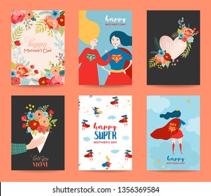 Mothers Day Greeting Card Set. Happy Mother Day Design with Woman Superhero Character and Flowers Bouquet. Floral Spring Banner, Poster, Flyer. Vector illustration