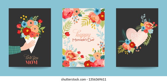 Mothers Day Greeting Card Set with Flowers Bouquet. Happy Mother Day Floral Banner. Best Mom Poster, Flyer Spring Celebration Design. Vector illustration