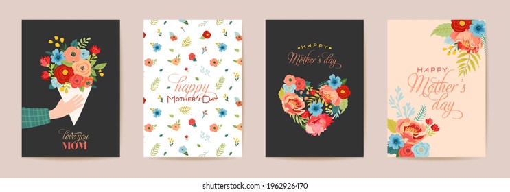 Mothers Day Greeting Card Set. Spring Happy Mother Day Holiday Banner with Flowers, Mom Character with Bouquet for Flyer Template, Cute Poster. Vector illustration