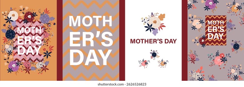 Mother's Day greeting card set. Greeting banners with roses in folk style. Flowers and lines in folk design. Vector illustration.