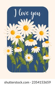 Mother's day greeting card. Several chamomile flowers grow. Botanical vector isolated illustration for postcard, poster, invitation, ad, decor, fabric and other uses. Festive text can be replaced.
