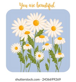 Mother's day greeting card. Several chamomile flowers grow. Botanical vector isolated illustration for postcard, poster, invitation, ad, decor, fabric and other uses. Festive text can be replaced.