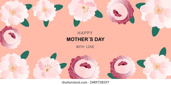 Mother's Day greeting card with a soft pink background adorned with beautiful, delicate flowers and a heartfelt message. Perfect for celebrating and honoring mothers.