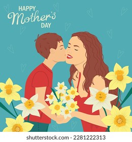 Mother's day greeting card with son. Boy kissing mother. Child giving flowers