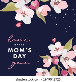 Mother's day greeting card with spring flowers in pastel colors and trendy typography on dark blue. Mothers day modern design for greeting banner, fashion ads, poster, sale, social media, promotion