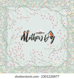 Mother's day greeting card with Spring flowers border on green mint pastel background, Vector illustration horizontal backdrop of cute blooming flora frame, Flat design of beautiful botanical