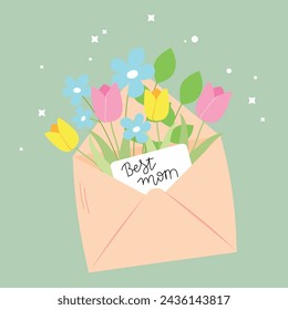 Tarjeta de felicitación del día de la madre con flores de primavera en letra y letras escritas a mano Mejor mamá. Primavera, concepto de saludo.