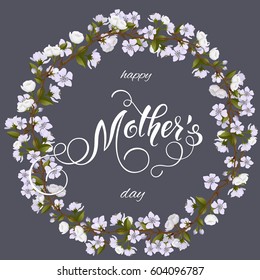 Mothers Day greeting card, spring holidays, blossom tree background. Vector Illustration EPS10