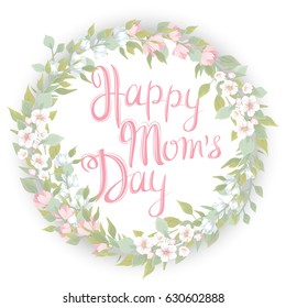 Mother's day greeting card with spring flowering branches. Vector card with hand writting lettering and flowers