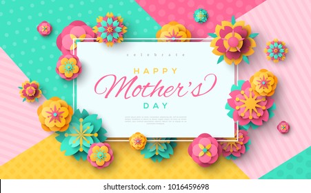 Mother's Day greeting card with square frame and paper cut flowers on colorful modern geometric background. Vector illustration. Place for your text.