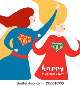 Mothers Day Greeting Card with Super Mom. Superhero Mother Character in Red Cape Design for Mother Day Poster, Banner. Vector flat cartoon illustration