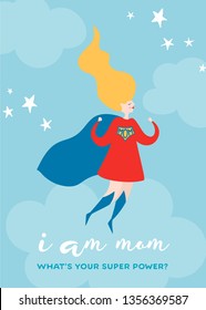 Mothers Day Greeting Card with Super Mom. Superhero Mother Character in Red Cape Design for Mother Day Poster, Banner, Background. Vector flat cartoon illustration