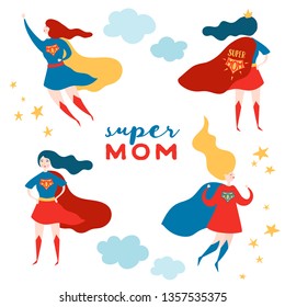 Mothers Day Greeting Card with Super Mom. Superhero Mother Character in Red Cape Design for Mother Day Poster, Banner. Vector flat cartoon illustration