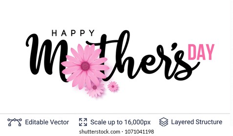 Mother's day greeting card template. Beautiful flowers and greeting text. Vector background.